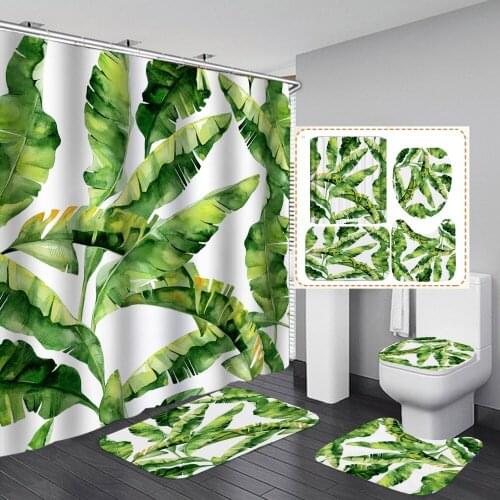Natural Green Tropical Plant Leaves Printed Curtain Bathroom Decor Shower Anti-slip Bath Mat Sets Toilet Cover Kitchen Carpet