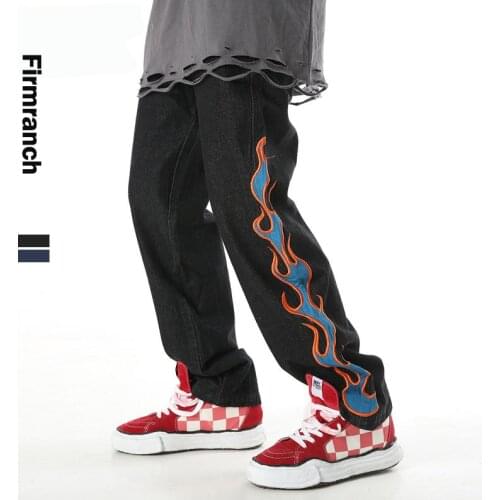 Firmranch 2021 New Men/Women Ready Black Embroidery Fire Jeans Ins Made Blue Flame Straight Denim Pants High Street Dad Trousers
