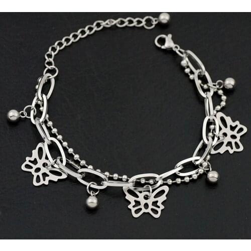 New fashion bracelet women double layer chain round bead pendant stainless steel hollow butterfly titanium steel bracelet