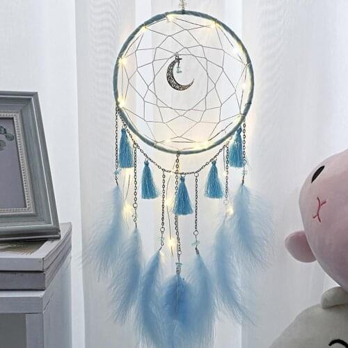 Moon Tassel Handmade with LED Light Dreamcatcher Pendant Creative Hollow Wind Chimes Wall Hanging Car Ornament Craft Home Decor