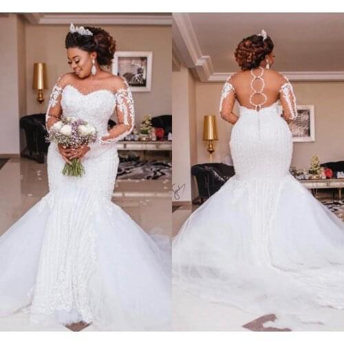 Luxury Mermaid Wedding Dresses Sheer Neck Illusion Lace Appliques Beads Long Sleeves Hollow Back African Black Girl Bridal Gowns