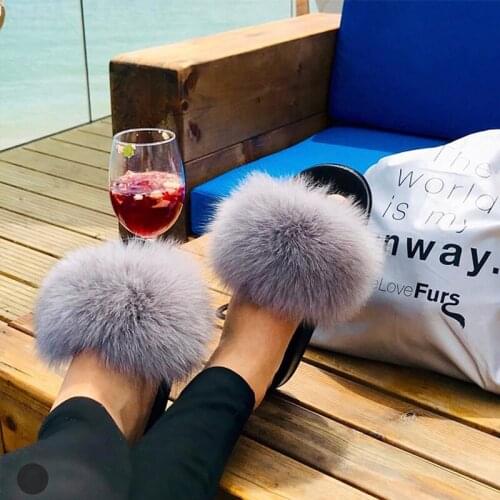 Women Real Fox Fur Slippers Girls Plush Fluffy Slides Ladies Furry House Shoes Female Indoor Flip Flops Party Sandals Plus Size