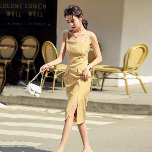 Yellow dress Mid-length Women Summer new fashion Dress Backless Sexy Split fork Neon sleeveless Dress jurk dames Club Party