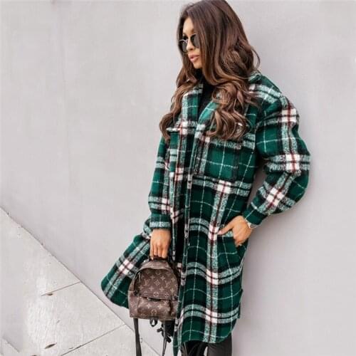 Women Korean Long Plaid Jackets Long Sleeve Fashion Plus Size Shirt Autumn Winter Windproof Casual Woolen Streetwear