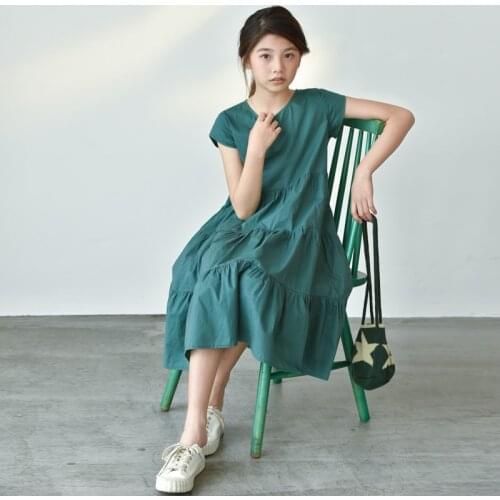 Girls Loose Dress Long Dark Green Cake Skirt 2021 Summer Flounce Drain Splicing Skirt. Kids Dress