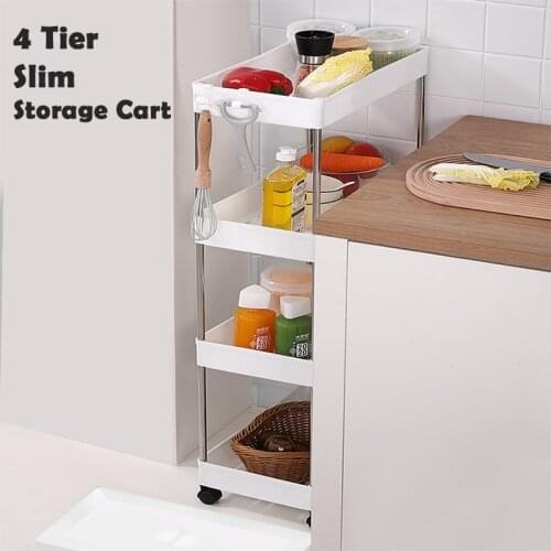 3/4 Tier Slim Storage Cart Mobile Shelving Unit Organizer Slide Out Storage Rolling Utility Cart Tower Rack for Kitchen Bathroom
