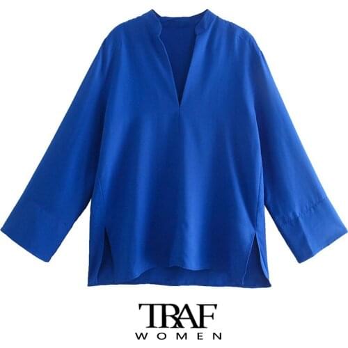 TRAF Za Women Fashion With Vents Loose Cozy Blouses Vintage V Neck Long Sleeve Female Shirts Blusas Chic Tops