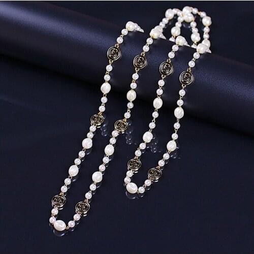 Long Multilayer Pearl Necklace for Women Black Enamel Letter 5 Chain Necklaces Sweater Chain Statement jewelry collares Z048