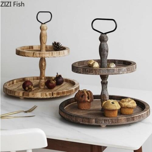 European-style Retro Two-layer Fruit Plate Wooden Tableware Wedding Birthday Party Dessert Cake Plate Home Decoration Snack Tray