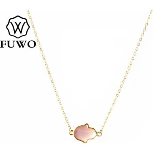 FUWO Carved Hamsa Hand Seashell Pendant with Gold Filled Brass Chain Abalone/White/Black/Pink Shell Necklace Jewelry Gift NC515