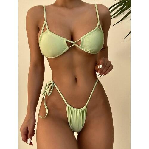 2021 New Sexy Strappy Bikini Solid Swimwear Women Swimsuit Female Two Pieces Bikini Set Bather Bathing Suits Beachwear Swim Lady