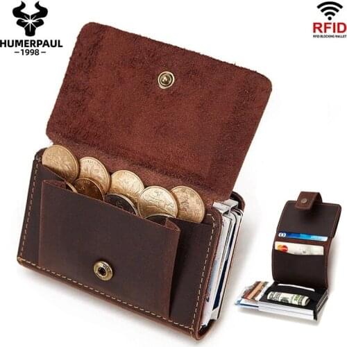 Crazy Horse Leather Men Coin Purse Travel Hasp Coin Wallet RFID Aluminium Credit Card Holder Bank ID Cardholder Case 2021 New