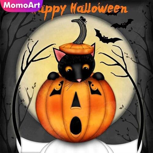 MomoArt DIY Diamond Embroidery Cat Pumpkin Picture Rhinestone Diamond Mosaic Full Drill Square Painting Halloween Handmade Gift
