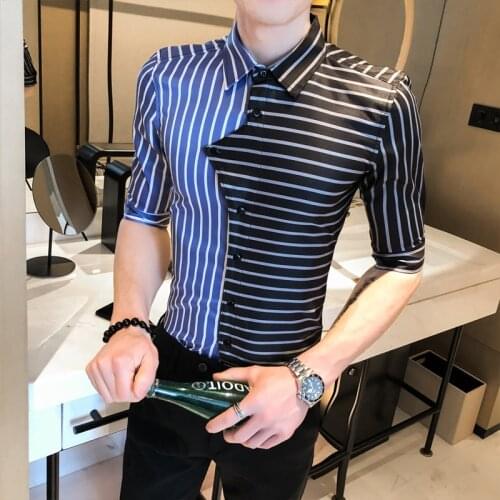 Top Quality Spring Summer Striped Shirts for Men Fashion Patchwork Design Business Work Shirt Men Half Sleeve Slim Fit Tuxedo