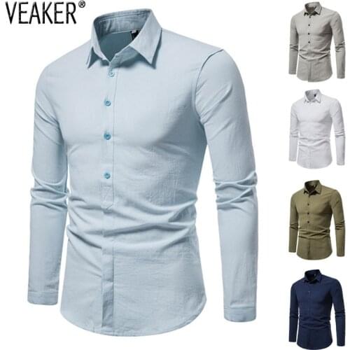 2021 Autumn New Mens Solid Color Shirts Men Casual Slim Fit Long Sleeve Breathable Cotton Linen shirt Tops M-5XL