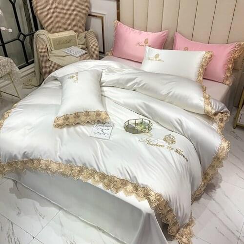 Luxury Summer Washed Silk Gold Lace Embroidery Bedding Set Queen King Soft Silky Double Duvet Cover Set Bed Linen Pillowcases