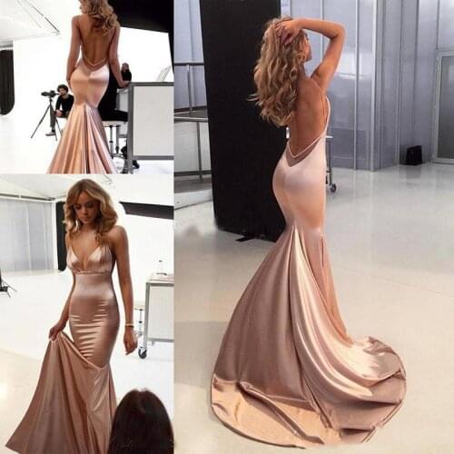 Sexy Nude Evening Party Dresses 2019 spaghetti Backless Sweep Train Backless Simple Stain Mermaid Occasion Red Carpet Prom Gown
