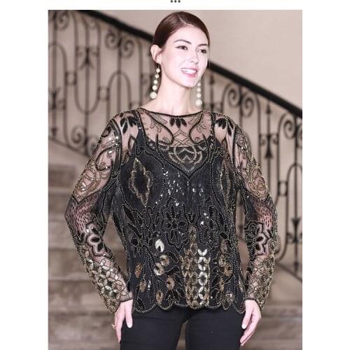 Womens Sequin Blouse See Through Party Tops Beaded Sparkly Shirts