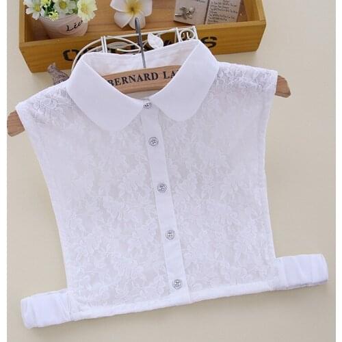 2020 Women Elastic Strap Shirt Cardigan Button Rhinestone Fake Collar Cotton Detachable False Collar Hollow Out Lace Blouse Tops