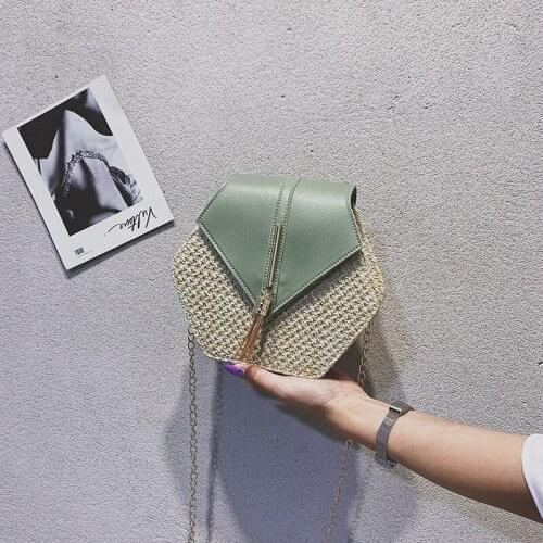 2020 Hexagon Mulit Style Straw+leather Handbag Women Summer Rattan Bag Handmade Woven Beach Circle Bohemia Shoulder Bag