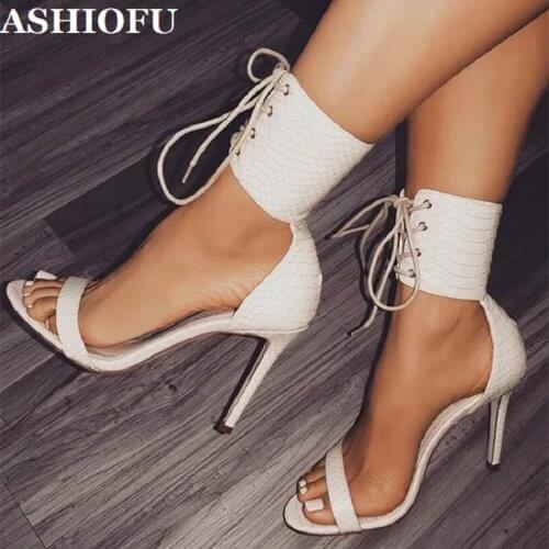 ASHIOFU Handmade Classic Ladies High Heel Sandals Cross Shoelace Ankle Wrap Summer Shoes Party Prom Club Fashion Sandals Shoes