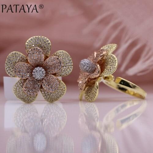 PATAYA New Flower Luxury Big Rings 585 Rose Gold Natural Zircon Women Open Rings Tricolor Gift Noble Party Fine Fashion Jewelry