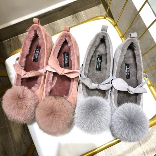 Cute peas shoes new winter fur ball shallow mouth suede thickened womens shoes fur integrated non-slip fur shoes
