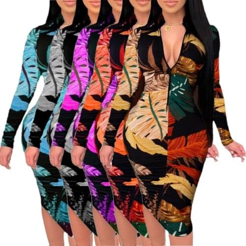 Colorful Leaf Printing Women Sexy Deep V-neck Dresses 2021 Spring Ladys Long Sleeve Bodycon Knee-length Clubwear Dress