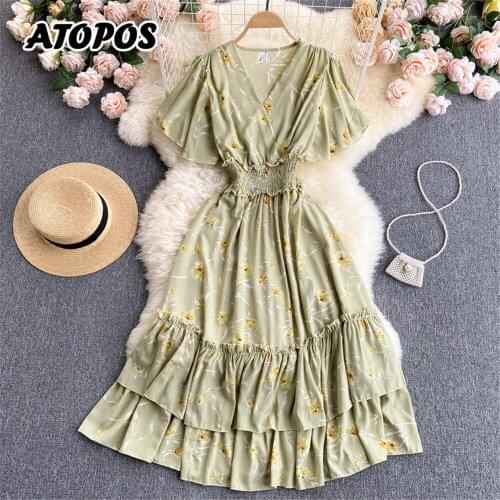 Summer Floral Dress For Women French V Neck Ruffle Beach Holiday Midi Dresses Fashion Elegant Robe Vestidos Female Clothes 2021