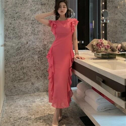 2019 Women Summer Dress Beach Style Long O-neck Holiday Chiffon Pleated Ruffles Ankle-Length Evening Party Rose Red Vestidos