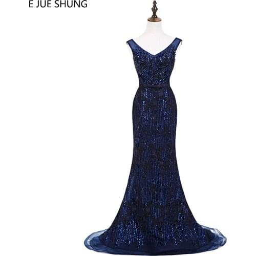 E JUE SHUNG Navy Blue Sequin Beaded Luxury Mermaid Evening Dresses Long 2018 Evening Gowns Formal Dresses robe longue Real Dress