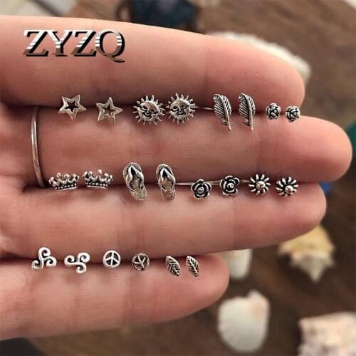 ZYZQ 11-Piece Stud Earrings Set for Women 2021 Trendy Jewelry Stars Sun Retro Piercing Earring for Teens Ear Cuffs