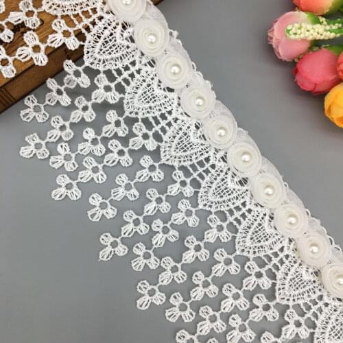 1 yd Pearl Beaded 3D Rose Flower Embroidered Lace Trim Tassel Ribbon Fabric Sewing Supplies Craft DIY For Costume Dress Hat 8CM
