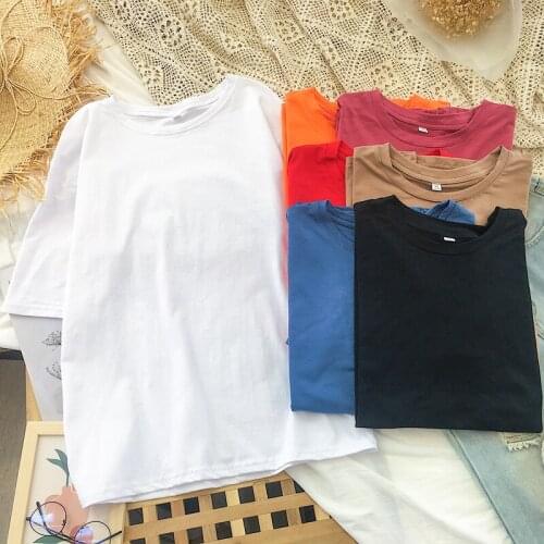 2021 Shirts Summer Women Candy Color Tees Loose Minimalist Basic Tops Vintage Casual Solid Short Sleeved T Shirt Girls Plus Size