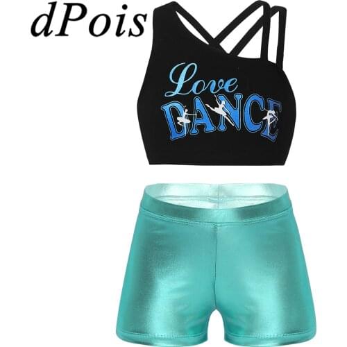 3Pcs Kids Ballet Gym Outfits Dancewear Tracksuit Alphabet Print Cropp Top & Shiny Shorts Childrens Sports Clothes Girls Yoga Set