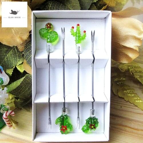 4pcs Glass Green Cactus Figurine Ornament Decorative stainless steel Fruit Forks Toothpick Kids Tableware Fruit Fork Food Picks