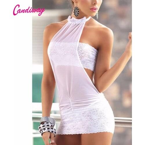 Candiway New Lace Exotic Apparel G-String Halter Transparent Backless Sexy Dress Erotic Lingerie Dresses Women Sexy Costumes