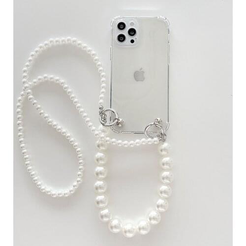 Wrist Chain Case for iPhone 12 Pro 7 8 Plus SE XR XS Max Shockproof Clear Cases Pearl Bracelets Chain Hanging Case for iPhone 11
