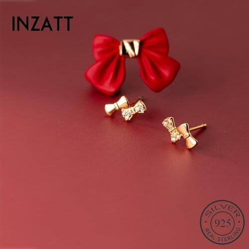 INZATT Real 925 Sterling Silver Zircon Bowknot Stud Earrings For Fashion Women Vintage Fine Jewelry Minimalist Accessories