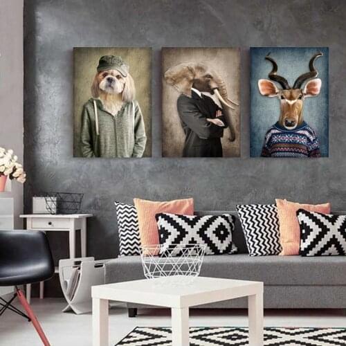Canvas Painting Animals In Cloth Retro Style Wall Art Lion Wears A Suit Poster Wolf Elephant Print Picture For Living Room Decor