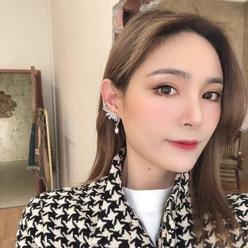 Silver Needles Rhinestone White Zircon Retro Angel Wings Left Right Silver Plated Alloy Ear Cuff Clip Earrings for Women