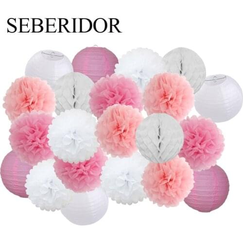 Hot 21Pieces Pink Set Round Paper Lantern For Baby Girl Shower Decoration Baptism Party Decor Hanging Pompom Crafts Ornament