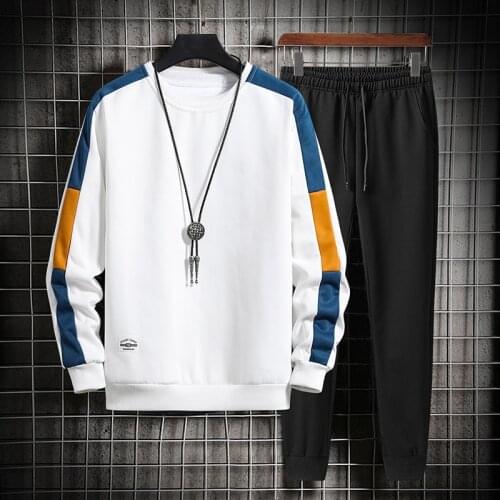 2021 Mens Autumn New Color-Block Crew Neck Sweater Suit Youth Fashion Stitching Casual Sweatshirt Two Pieces