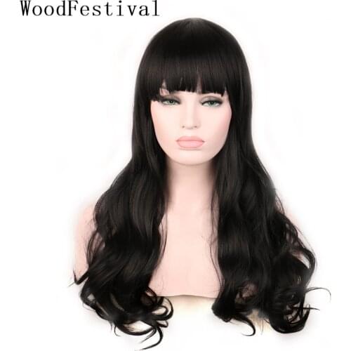 WoodFestival Female Long Hair Synthetic Wig With Bangs Wavy Cosplay Wigs For Women Ladies Burgundy Black Dark Brown Blonde