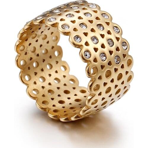Hollow Ring with Zirconia Stone Gold Silver Color Stainless Steel Wedding Ring for Women 12mm Width Luxury Party Ring