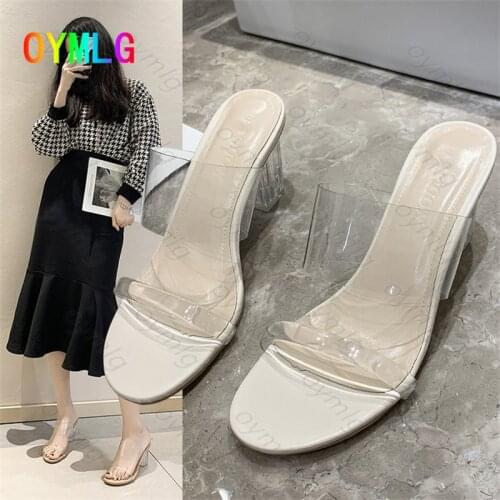 Sandals women 2021 new summer wild net red word with thick heel sandals and slippers women wear crystal transparent high heels