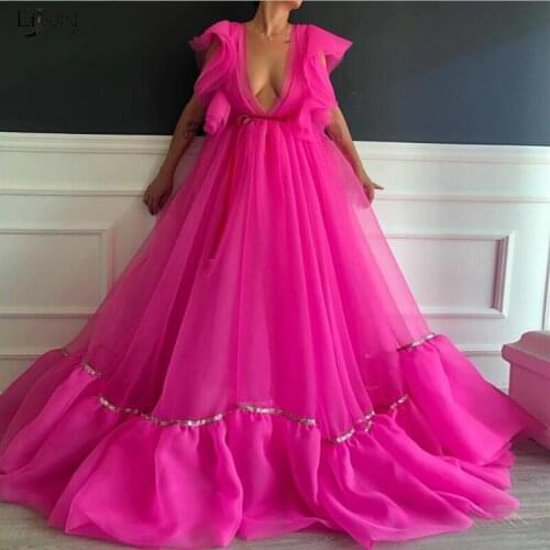 Sexy V Neck Evening Dresses Party Dress Puffy Formal Dress Vestido High Quality Robe De Soiree Hot Pink Evening Gowns Tulle