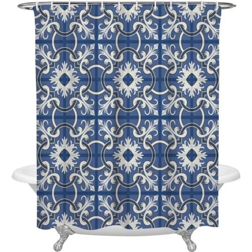 Blue Bouquet Flower Square Plaid Shower Curtain Waterproof Polyester Fabric Shower Curtains Home Decoration Curtain with Hook