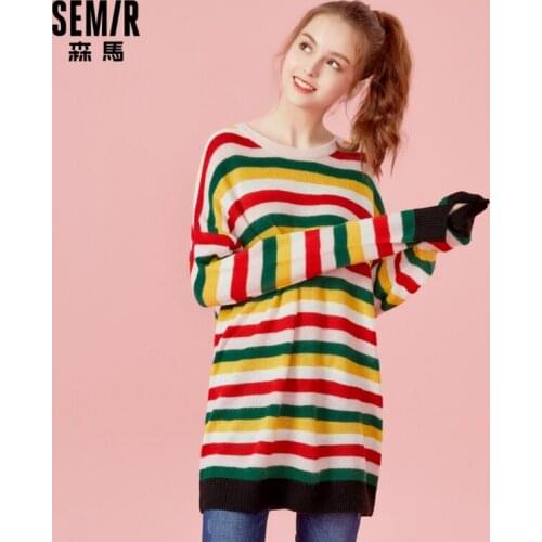 Semir Sweater Women Young Winter Fashion Striped Contrasting Sweater Loose Drop Shoulder Round Neck Pullover Base Knitwear