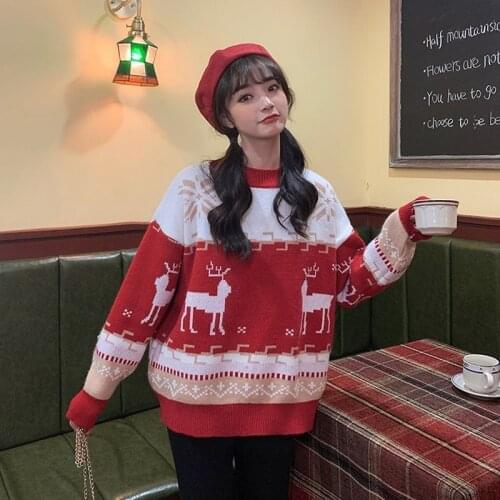 Christmas Red Sweater Women Loose Oversize Long Sleeve Snowflake Elk Print Pullover Autumn Winter Jumper Warm Sweaters 3 Colors